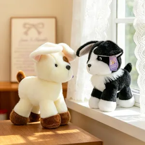 Pair of realistic standing puppy dog plush toys in cream and black for kids gift