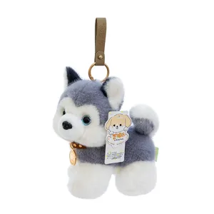 Realistic husky puppy plush toy keychain with leather strap for bags