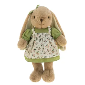 Schattig pluche konijntje in een groene bloemenjurk, zacht knuffeldier voor meisjes