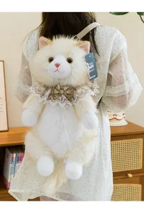 Detailed view of a fluffy cream plush cat backpack with an elegant lace collar decor