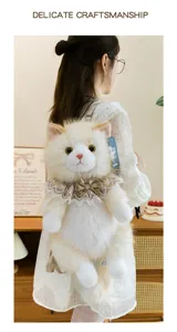 Back view of model wearing a fluffy ragdoll cat plush backpack with lace collar detail