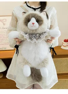 Detailed view of plush Ragdoll cat backpack with delicate lace collar and bow tie