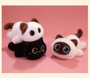 Group of cute big-eyed plush cat dolls in various colors and lying poses