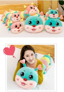 Detail view of colorful caterpillar plush pillow held by model in a cozy bedroom