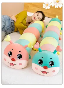 Detail view of colorful caterpillar plush pillow with soft fabric and cute face expression.