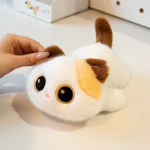 Cute lying calico cat plush toy with big embroidered eyes, soft kitten doll gift