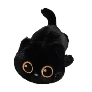 Adorable black cat plush toy with large round eyes in a cute lying posture for gifting