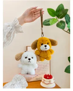 Detailed view of sad-faced dog plush keychains in white and yellow colors.