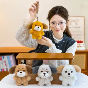 Cute plush puppy keychains with sad expressions in various neutral colors