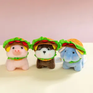 Peluche animali carini con cappelli da hamburger, maiale, orso e elefante