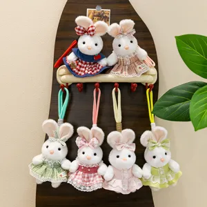 Set of 6 cute plush rabbit keychains with colorful checkered dresses and lace