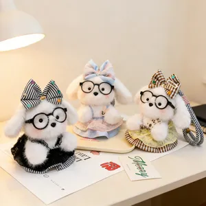 Cute plush puppy keychains with round glasses and decorative bows in pastel outfits