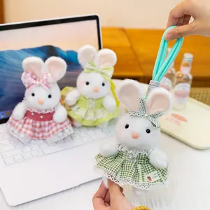 Cute plush rabbit keychain with plaid dress and lace details