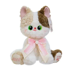 Adorable muñeco de gato de peluche con lazo rosa y ojos verdes, regalo para niños
