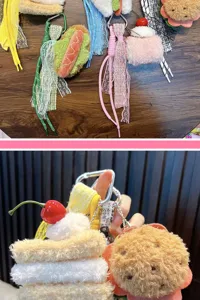 Detailed view of plush food-themed keychains featuring hamburger, cake, and sandwich designs
