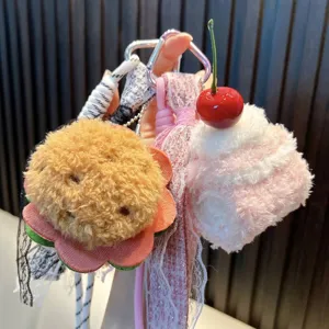 Cartoon Food Plush Keychain Hamburger Sandwich Cake Bag Pendant For Women Girls Cute Dessert Plush Charm Car Key Ring Gift