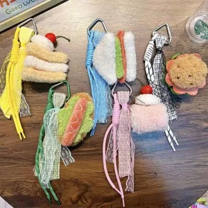 Plush hamburger and sandwich keychains with lace ribbon for bags and keys
