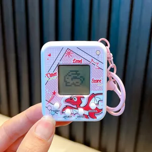 Retro handheld mini electronic pet game machine keychain featuring pink dinosaur design