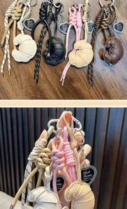Handmade leather croissant keychain set with woven rope and heart charm pendant
