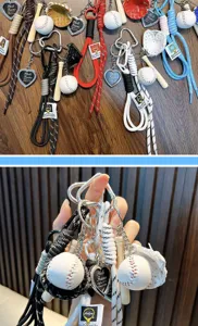 Detailed view of colorful baseball keychains with mini bats, gloves and braided ropes