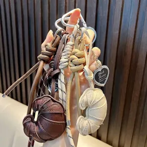 Cartoon Croissant Leather Keychain Padded Bread Bag Charm Heart Photo Frame Pendant Woven Rope Car Key Ring Fashion Jewelry Gift