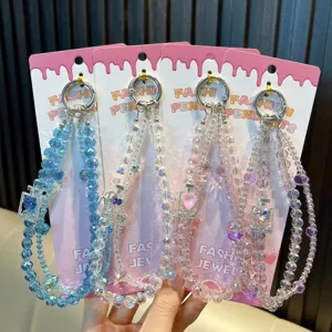 Crystal Beaded Phone Chain With Perfume Bottle Pendant Heart Double Chain Keychain Bag Charm Gift For Women Girl