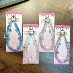Set of 4 sparkling crystal beaded phone charms with cute perfume bottle pendants and metal rings