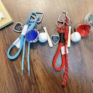 Sporty baseball keychain with woven rope, mini bat and glove bag charm accessories