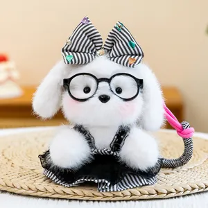 Cute white plush puppy keychain doll with black glasses and striped bow accessory