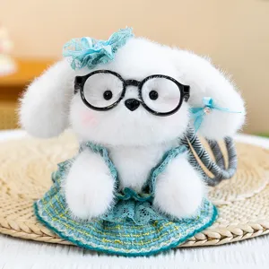 Cute white plush puppy keychain with black glasses and blue lace dress for bag decor