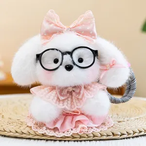 Cute white plush dog keychain pendant with black glasses and pink lace dress outfit