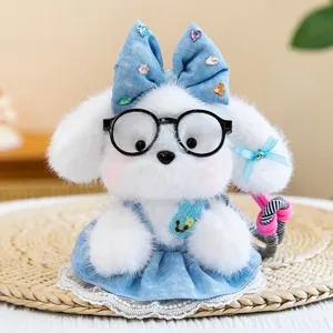 Cute white plush puppy keychain featuring black glasses and a blue bow accessory