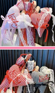 Fabric heart keychain with lace tassels and cute striped bows, perfect bag pendant gift.