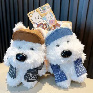 Mignon Charme de Sac en Peluche Chien Westie Porte-clés Peluche West Highland Terrier Avec Chapeau et Gilet en Denim Cadeau Chiot Dessin Animé
