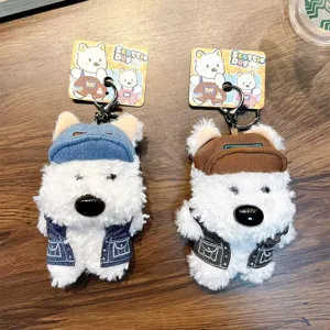 Lot de deux porte-clés chien Westie en peluche avec petits chapeaux et gilets mignons