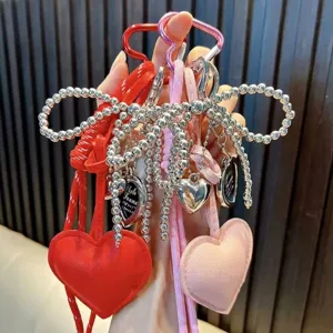 Sweet PU Leather Heart Keychain Bowknot Silver Bead Bag Pendant Mini Photo Frame Charms Keyring Gift For Women Girls