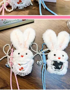 Mignon porte-clés lapin en peluche sangle perle poupée lapin peluche pendentif sac