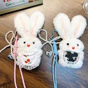 Mignon Lapin en Peluche Porte-clés Squishy Vocal Longue Oreille Lapin Pendentif Avec Perle Artificielle Poussette Seule Charme de Cœur Pour Sac à Dos Sac à Main Décor Jouet Cadeau