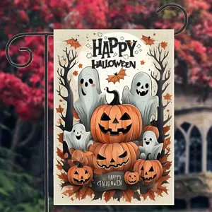 Bandera de Jardín Happy Halloween Impresión de Doble Cara Calabaza Murciélago Fantasma Bandera Decorativa Exterior Sin Mástil Decoración de Fiesta