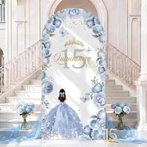 Copertura per Sfondo ad Arco per Festa di 15 Compleanno Quinceanera Ragazza Principessa Rosa Blu Corona Farfalla Sfondo in Tessuto