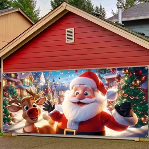 Festive Christmas garage door banner with cute Santa Claus and reindeer outdoor decor