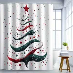 Festlicher Weihnachts-Duschvorhang mit stilisiertem Baummuster und rotem Stern im Bad