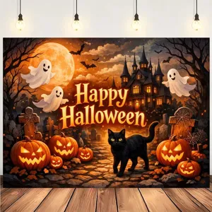 Halloween party backdrop featuring cute ghosts, glowing pumpkins, and a black cat
