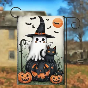 Bandera jardín Halloween doble cara con fantasma, gato negro y calabaza decor