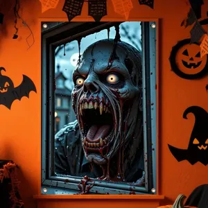 Banner per finestra di Halloween con zombie spaventoso, occhi luminosi e sangue