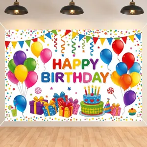 Vibrant Happy Birthday backdrop banner featuring colorful balloons, gifts, and cake designs