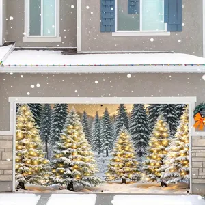 Large festive Christmas garage door banner featuring snowy lit trees in a winter forest