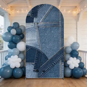 Blue denim patchwork print arch backdrop cover for baby shower or birthday party