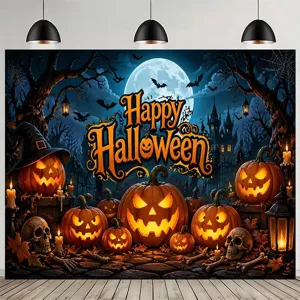 Professional Halloween party photography backdrop with pumpkins skulls and castle design