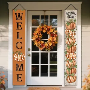 Autumn Welcome and Hello Fall porch banners featuring pumpkin designs for front door decor